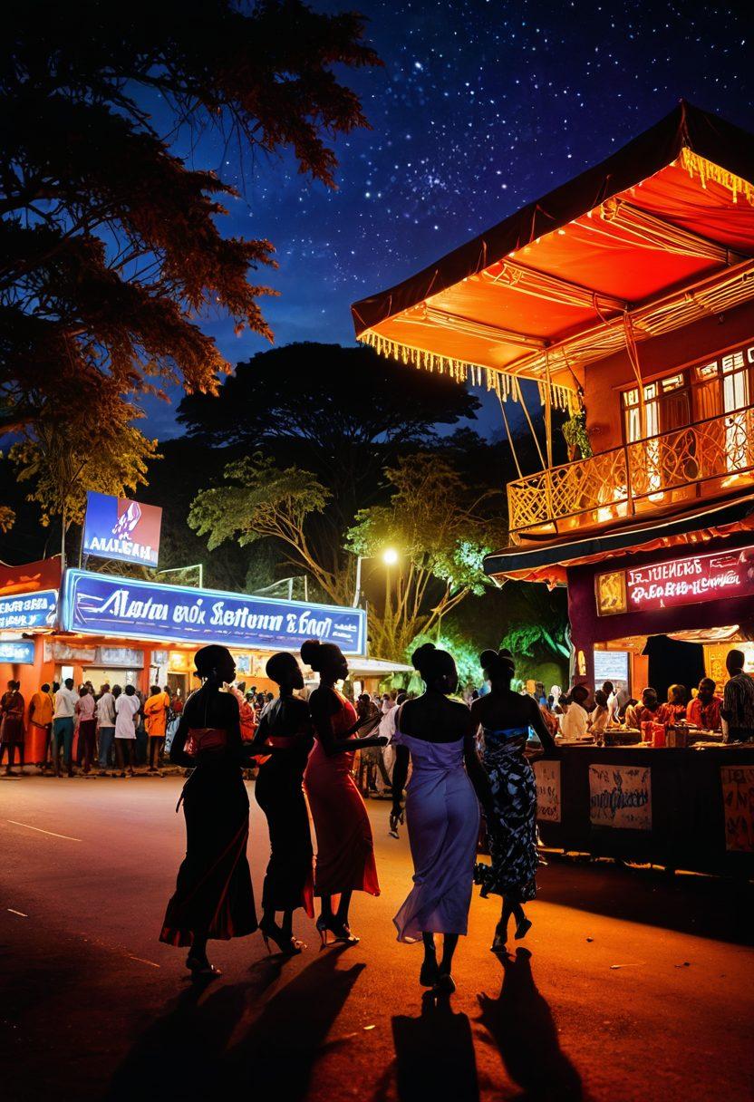 A colorful and dynamic street scene in Kenya showcasing a lively adult entertainment venue, illuminated by vibrant neon lights. The atmosphere should depict a blend of traditional and modern elements, incorporating local art and dancers in traditional attire alongside contemporary performers. Include silhouettes of happy patrons enjoying the lively environment, with warm tropical trees framing the backdrop. Nighttime setting with rich hues and a sense of allure. super-realistic. vibrant colors. nighttime ambiance.