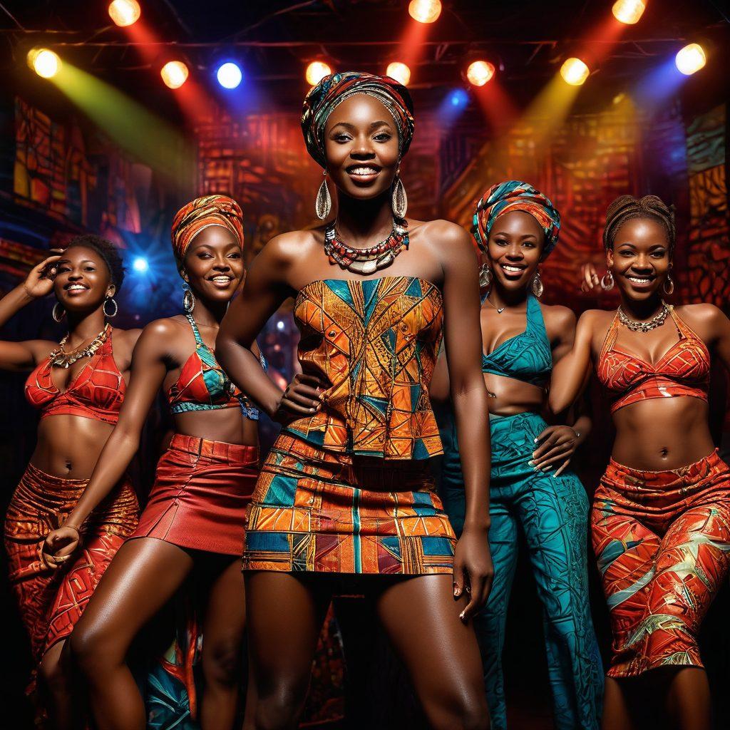 A dynamic collage showcasing vibrant scenes of Kenyan nightlife, featuring diverse adult entertainers performing in a lively venue. Include elements like traditional Kenyan attire blending with modern styles, colorful lights, and a joyous audience engaged in the celebration. Capture the essence of sexuality and cultural expression through bold colors and energetic poses. Incorporate subtle patterns inspired by Kenyan art as a background. super-realistic. vibrant colors. 3D.