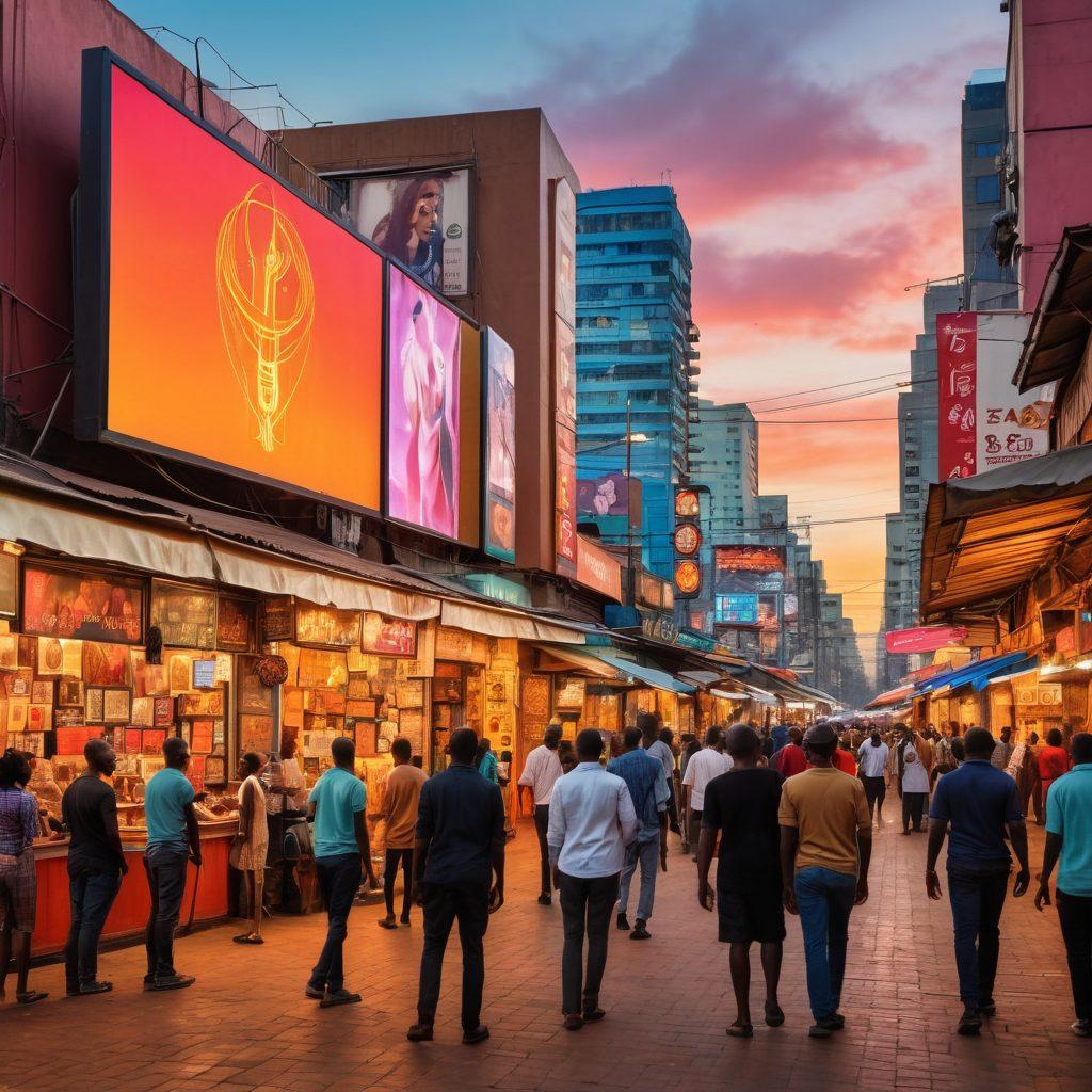 A vibrant street scene in Nairobi showcasing a bustling marketplace, with a blend of traditional and modern elements symbolizing the evolution of culture. In the foreground, a large screen displaying abstract adult film symbols surrounded by curious onlookers. Capturing expressions of intrigue and discussion among diverse groups. Warm color palette to emphasize cultural richness and transformation. super-realistic. vibrant colors. urban setting.